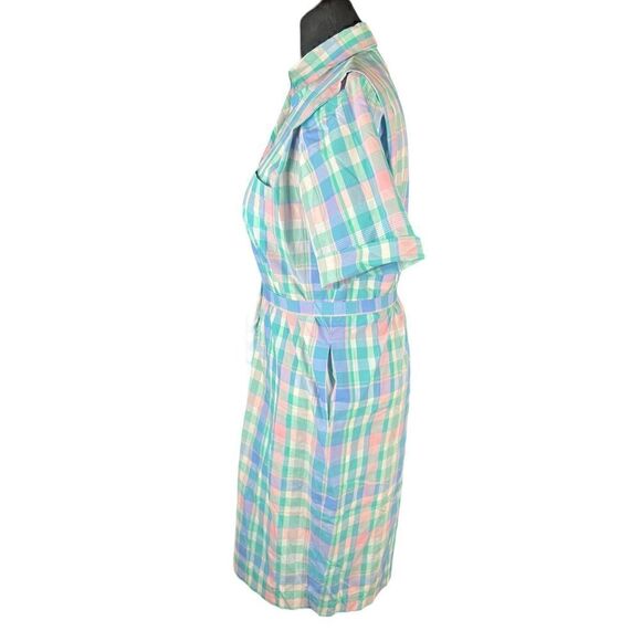 80’s Schrader pastel plaid pink blue button up short sleeve dress 14P - Picture 2 of 5